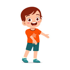 Happy Young Boy Smiling with Arm Raised to Present Something in Cartoon Illustration