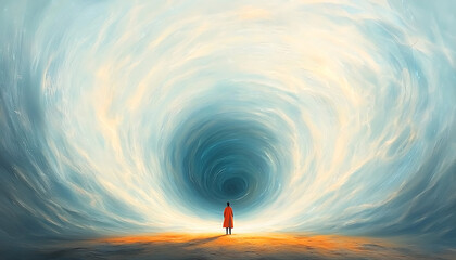 Woman facing cosmic vortex.