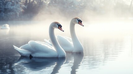 Obraz premium Misty Morning Swans: A Serene Winter Scene