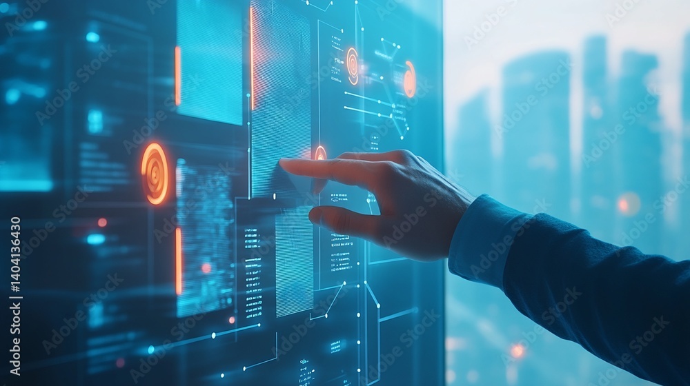 Poster hand interacting with a digital data display