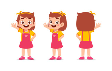 Happy little girl waving hand in different angle illustration design concept