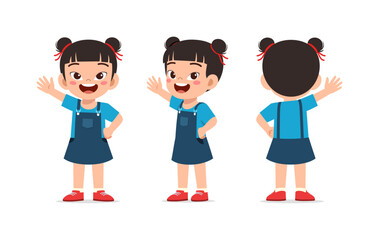Happy Little Girl Waving Hand from Front and Back View in Cartoon Illustration Style