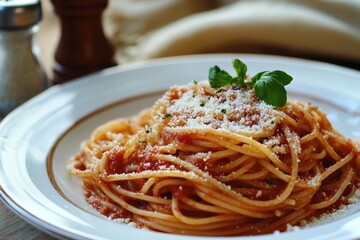 A plate of spaghetti with marinara sauce, parmesan cheese, and fresh basil.