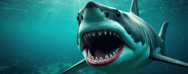 Naklejka premium Shark's mouth opens, revealing rows of razor-sharp teeth in slow motion , predator, gill