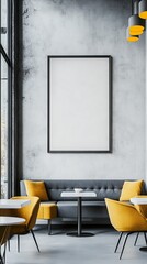 Interior Design: Gray Sofa, Yellow Chairs, and Blank Poster