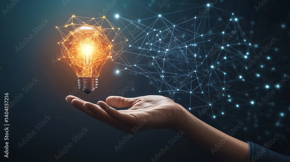 Poster lightbulb and network connection on outstretched hand