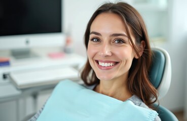 Smiling woman at dentist office during check-up. Happy female patient shows perfect white teeth, smiles during routine exam. Healthy oral hygiene care in clinic. Dental healthcare treatment.
