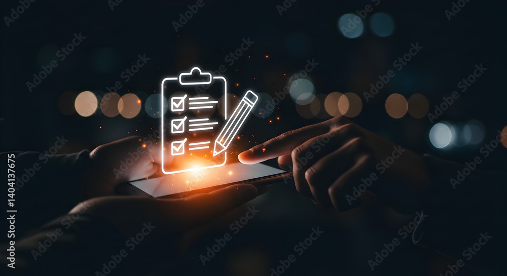 Poster person using smartphone with glowing checklist and pencil icon overlay against dark bokeh background
