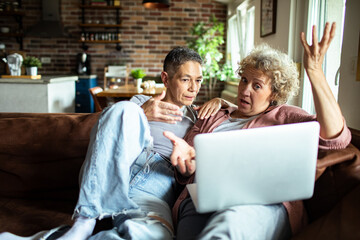 Senior lesbian couple using laptop on cozy couch at home
