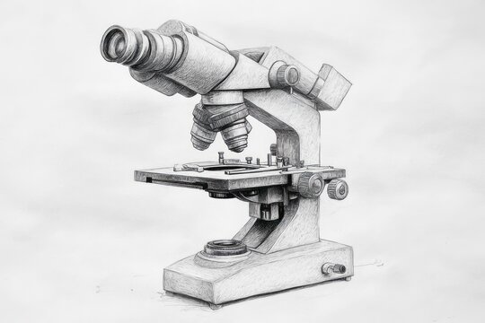 Detailed pencil drawing of a microscope against a white background