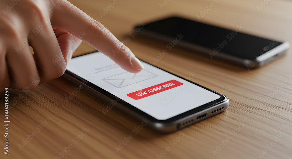 Poster index finger tapping email icon on mobile phone screen with wooden table and second phone