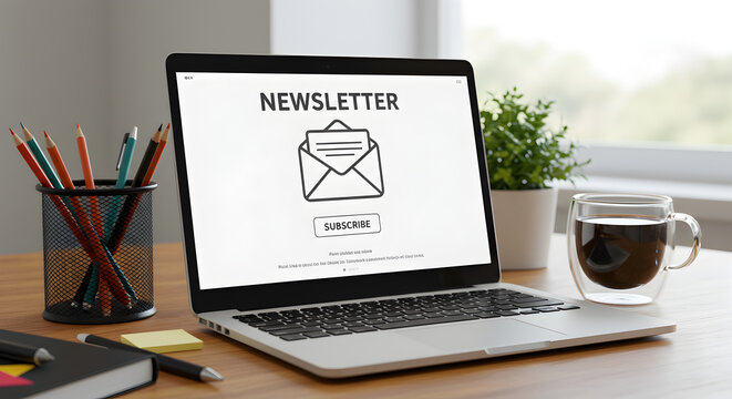 Laptop Displaying Newsletter Concept on a Wooden Desk in Bright Office with Pencils Plant and Coffee