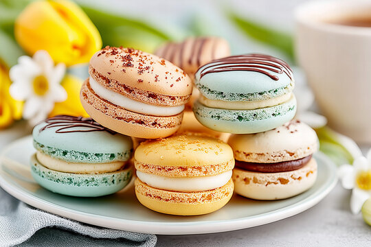 Close Up Shot of Stacked Colorful Macarons with Cream Filling Arranged on a Plate Displaying Various Flavors and Textures