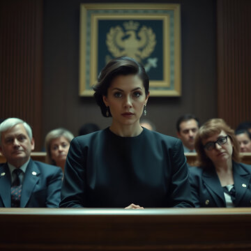 A cinematic portrayal of a woman in court