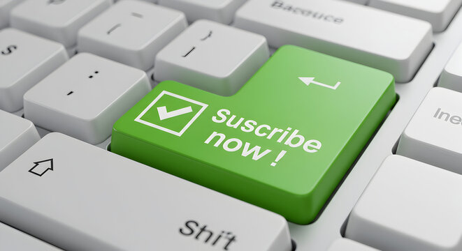 Green Subscribe Now Button on a White Computer Keyboard Technology Concept