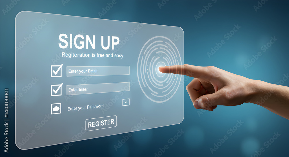 Poster digital sign up interface hand touching transparent screen with checkboxes on a blurry background
