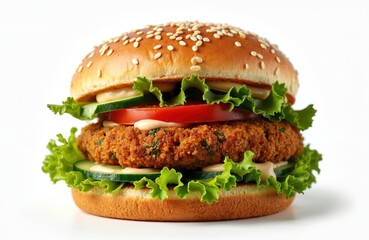 Delicious vegetarian hamburger with falafel patty fresh vegetables and herbs on white background. Take away food, burger delivery concept. Healthy meal option. Close-up shot, isolated.