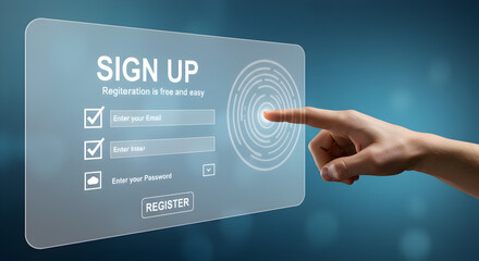 Digital Sign Up Interface Hand Touching Transparent Screen with Checkboxes on a Blurry Background