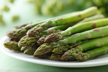 fresh asparagus spears in a close-up view in green and purple colors for healthy eating