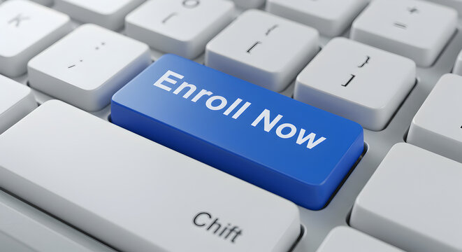 Enroll Now Button on Keyboard in Blue Color Online Education Concept
