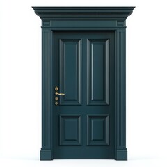 Elegant teal door with gold handle isolated on white background