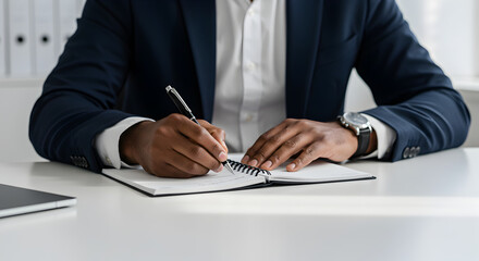 African American Man Writing in a Notebook on a White Desk in Bright Office Light