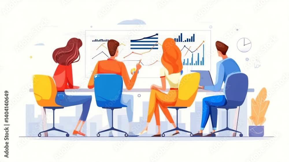 Poster cartoon workers analyze business charts and graphs in office setting generative ai