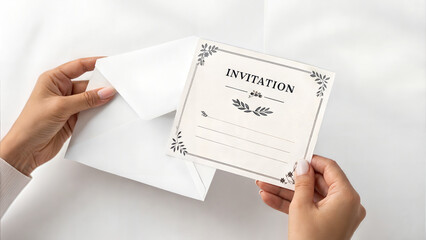 Obraz premium Invitation card being held with envelope in white background 