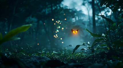 Fototapeta premium Glowing Butterfly in a Dark Forest at Night