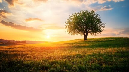Fototapeta premium Tree stands in a field at sunset with clouds and golden light.