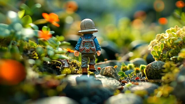 Charming Miniature Explorer in Sun Hat Amidst Lush Greenery and Vibrant Orange Flowers During Sunny Spring Day for Outdoor Adventure Enthusiasts and Nature Lovers