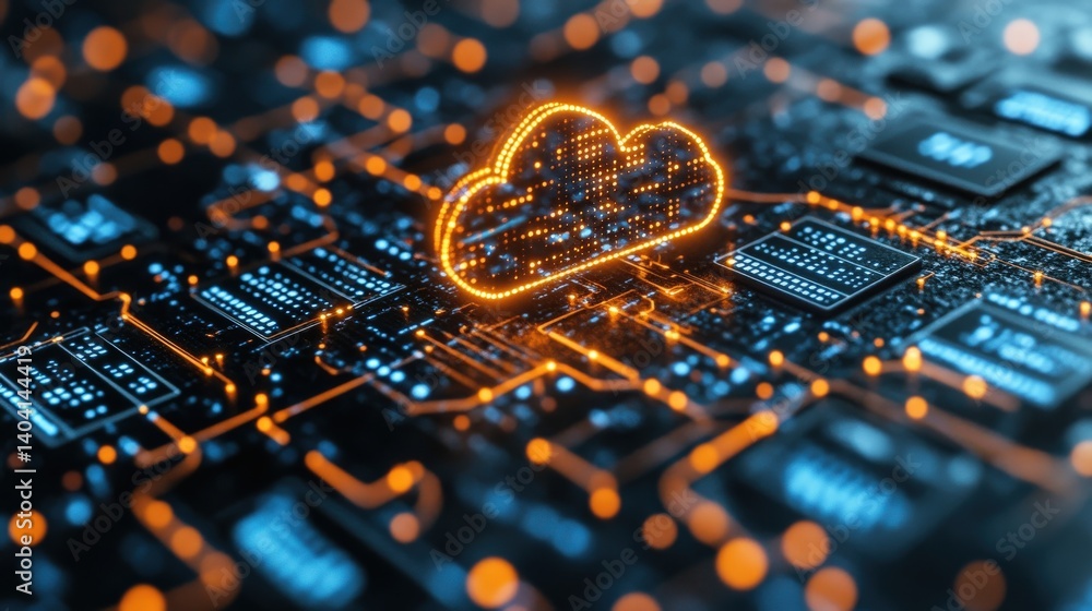 Aufkleber futuristic cloud computing concept with glowing cloud over circuit board technology background