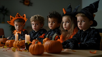 Fototapeta premium Four Children In Halloween Costumes Sitting Around Pumpkins