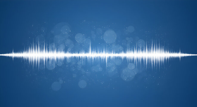 Vibrant White Waveform on Deep Blue Backdrop with Bokeh Lights Visual Representation of Sound Frequency