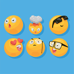 Funny Vector Emoji Set with Nerd, Love, Shocked, and Exploding Expressions on Blue Background