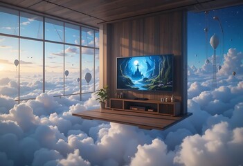 Fototapeta premium Room Above the Clouds with Television and Ballon View