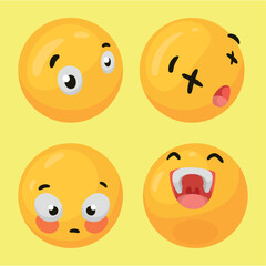 Vector Illustration of a Set of Four Cute Yellow Emoji Faces with Different Expressions Including Laughter, Surprise, Shyness, and Exhaustion on a Light Yellow Background