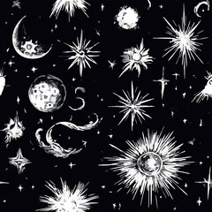 A collection of seamless mystical patterns featuring magical objects, vintage books, potions, tarot cards, celestial skies, and golden suns. Perfect for witchcraft, fantasy, and boho designs.