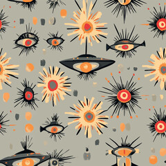 A collection of seamless mystical patterns featuring magical objects, vintage books, potions, tarot cards, celestial skies, and golden suns. Perfect for witchcraft, fantasy, and boho designs.