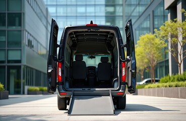 Black van with open doors, ramp. Modern automotive transportation solution. Suitable for disabled people mobility, cargo delivery. Commercial vehicle for city street business service. High-tech