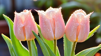 Fototapeta premium Blooming Tulips with Water Droplets in Soft Morning Light