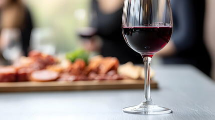 Naklejka premium Elegant Red Wine Glass on Wooden Table with Gourmet Food and Blurred Background