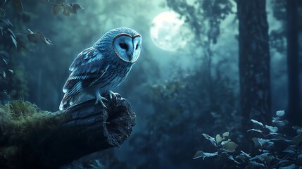 Fototapeta premium Beautiful owl resting on branch with bright moonlit sky high resolution image