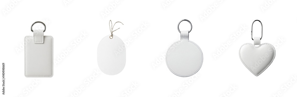 Poster various white keychains in different geometric shapes and designs without background elements