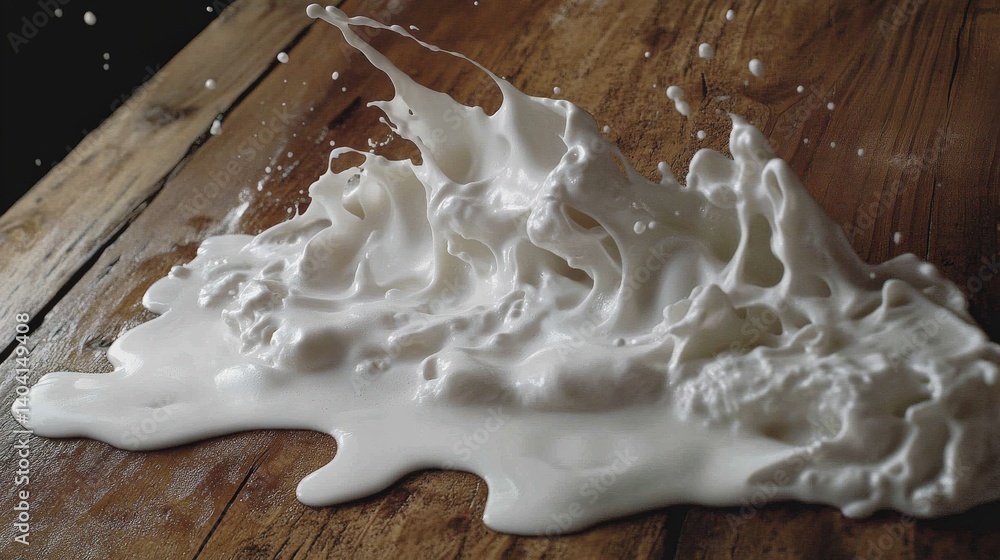 Poster creamy milk splashing onto a rustic wooden table, creating a dynamic and textured scene