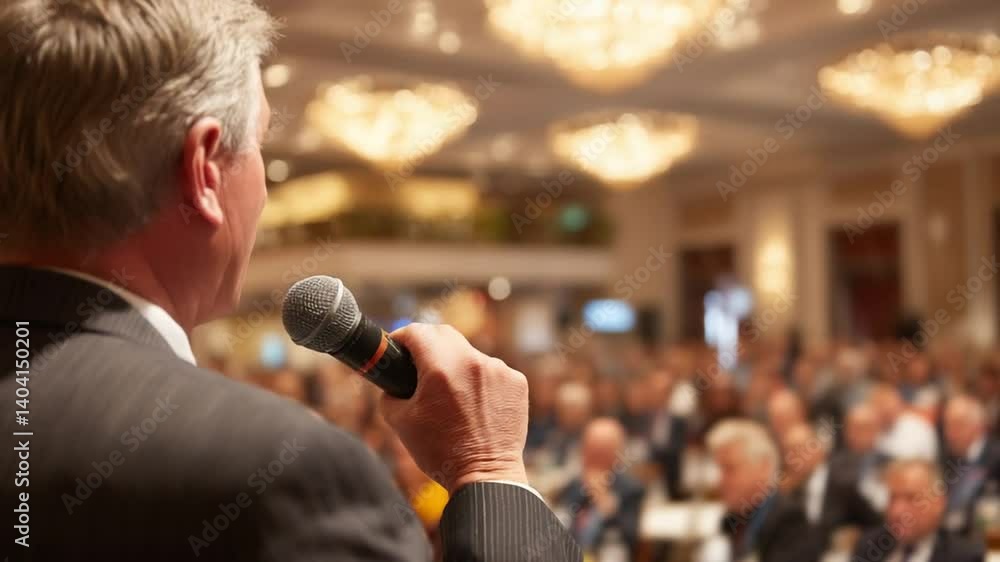 Poster speaker engages audience at business seminar and answers questions generative ai