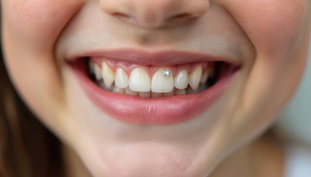Close-up of young girl smile with diamond teeth. Smile shows perfect white teeth, dental jewel accessory. Girl smile on face, feminine beauty and fashion concept.