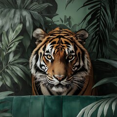 Beautiful tiger peeking through the dense foliage with vibrant eyes high resolution image