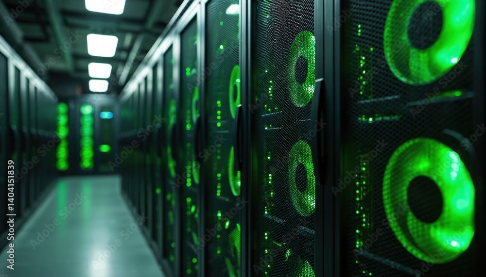 Leinwandbilder modern data center with high-tech servers in green lighting. server computers at work, big data, cry