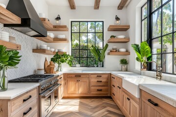 A modern kitchen boasting wooden cabinets, a stylish countertop, and lush greenery, where open space is illuminated by large windows to create a warm and inviting ambiance
